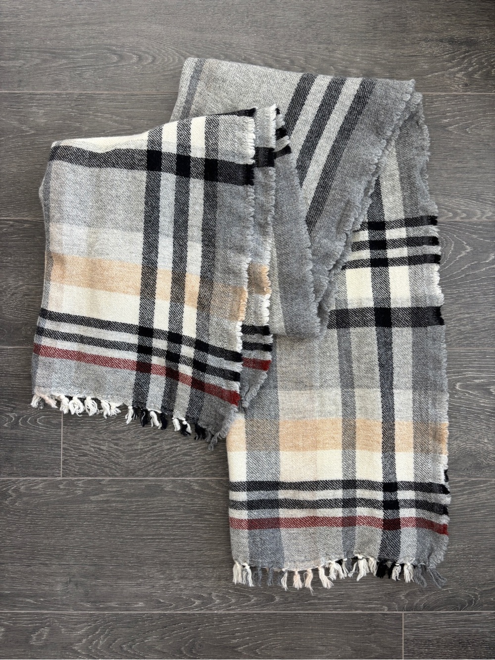 Plaid Fringe Scarf in Gray, Cream & Tan